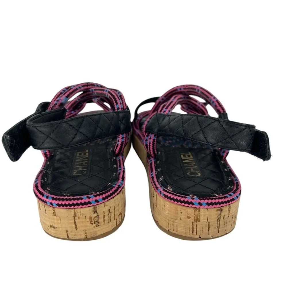 Chanel 2020 Cord Lambskin Quilted Logo Sandals Pink Black Size 38